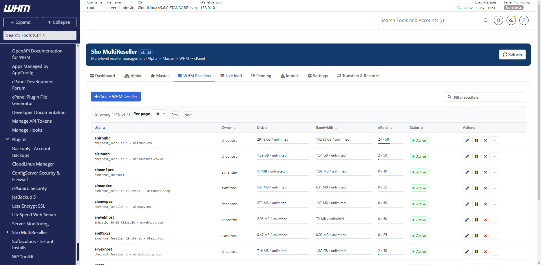WHM AppConfig reseller management UI