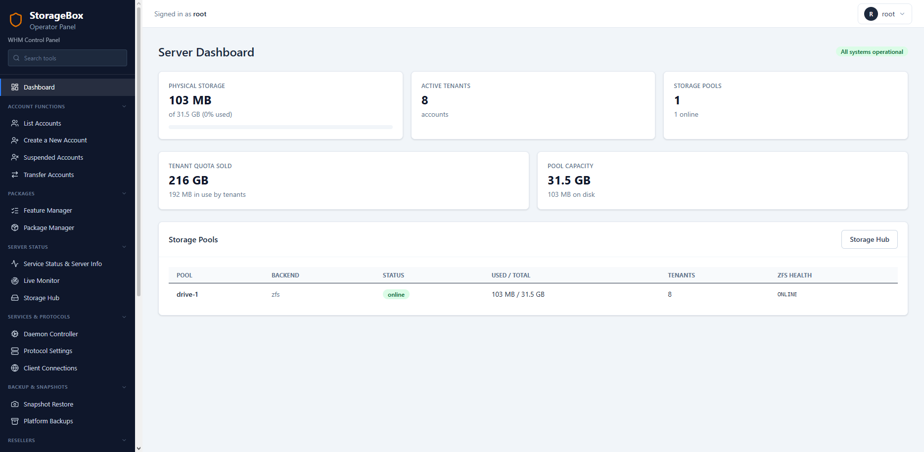 ShoStorage Engine operator dashboard