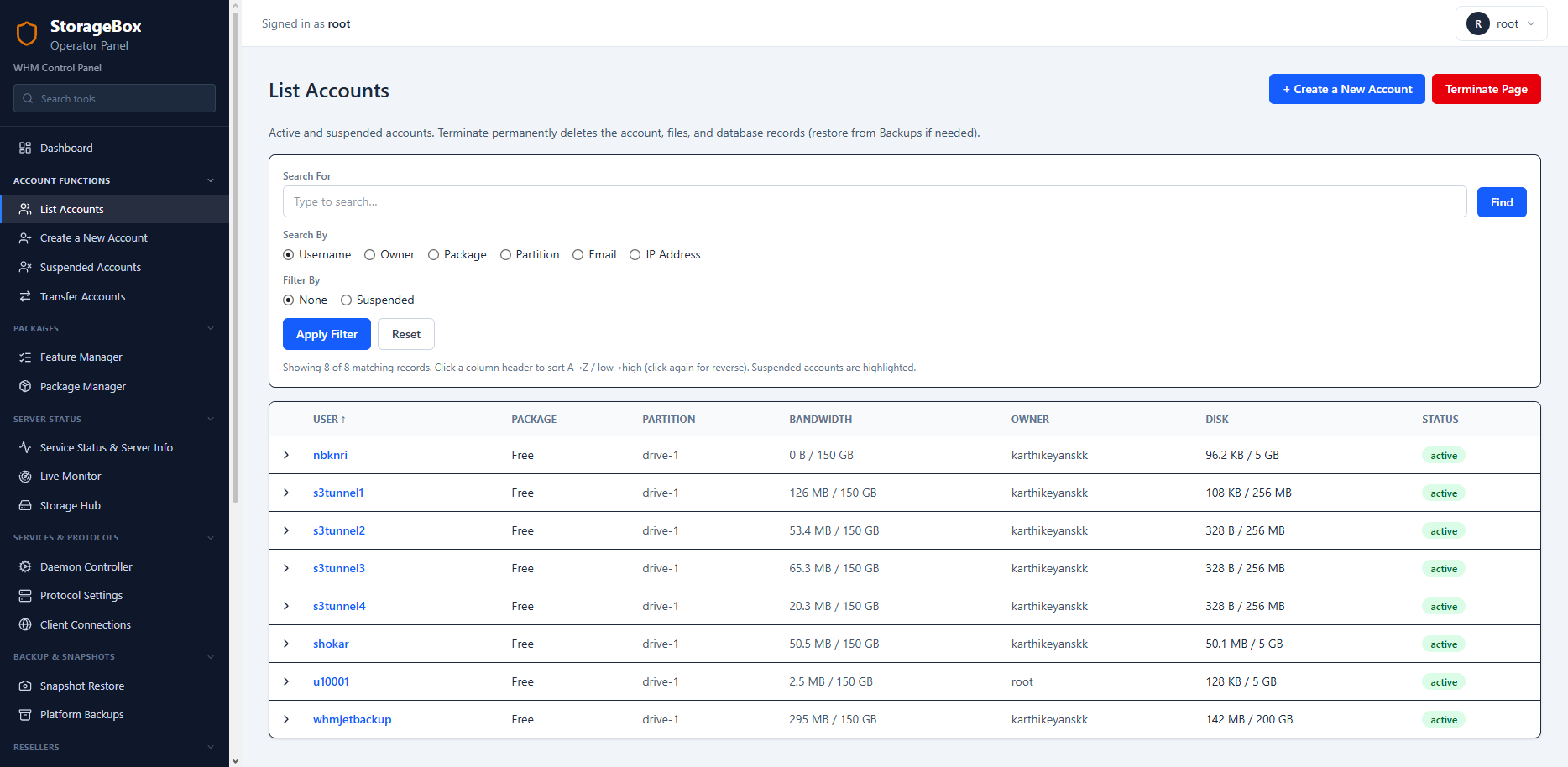 Tenant account list and lifecycle