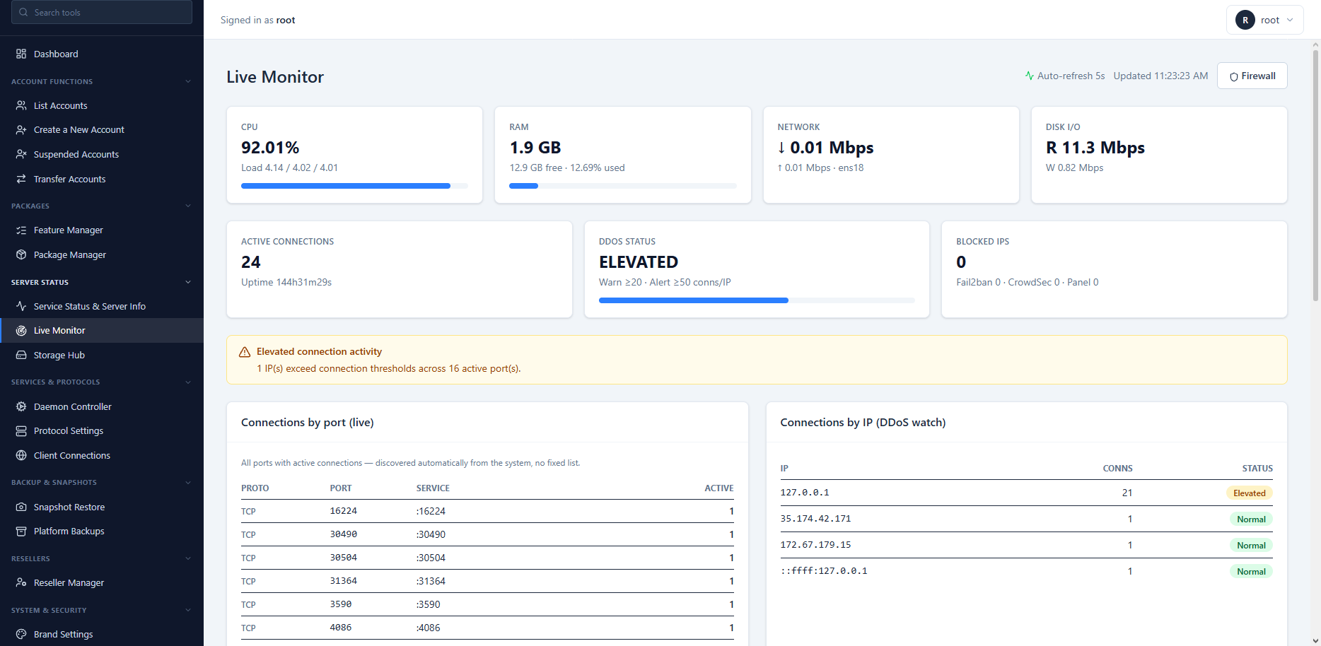 Live connection and throughput monitor