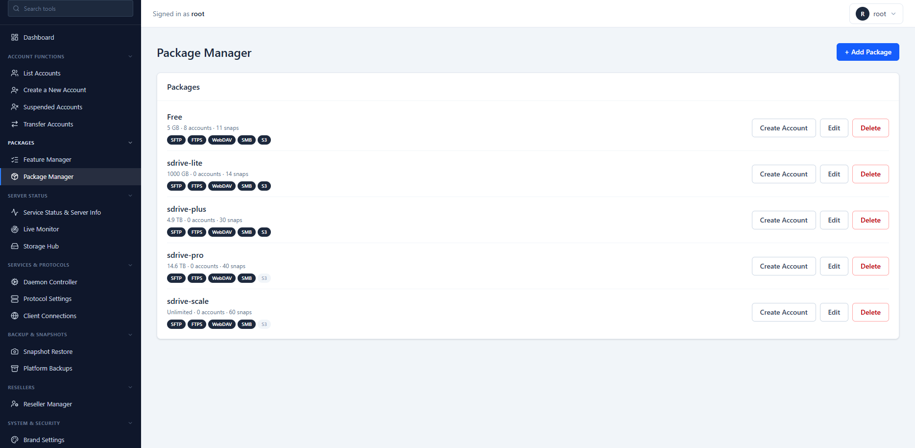 Storage package and quota templates