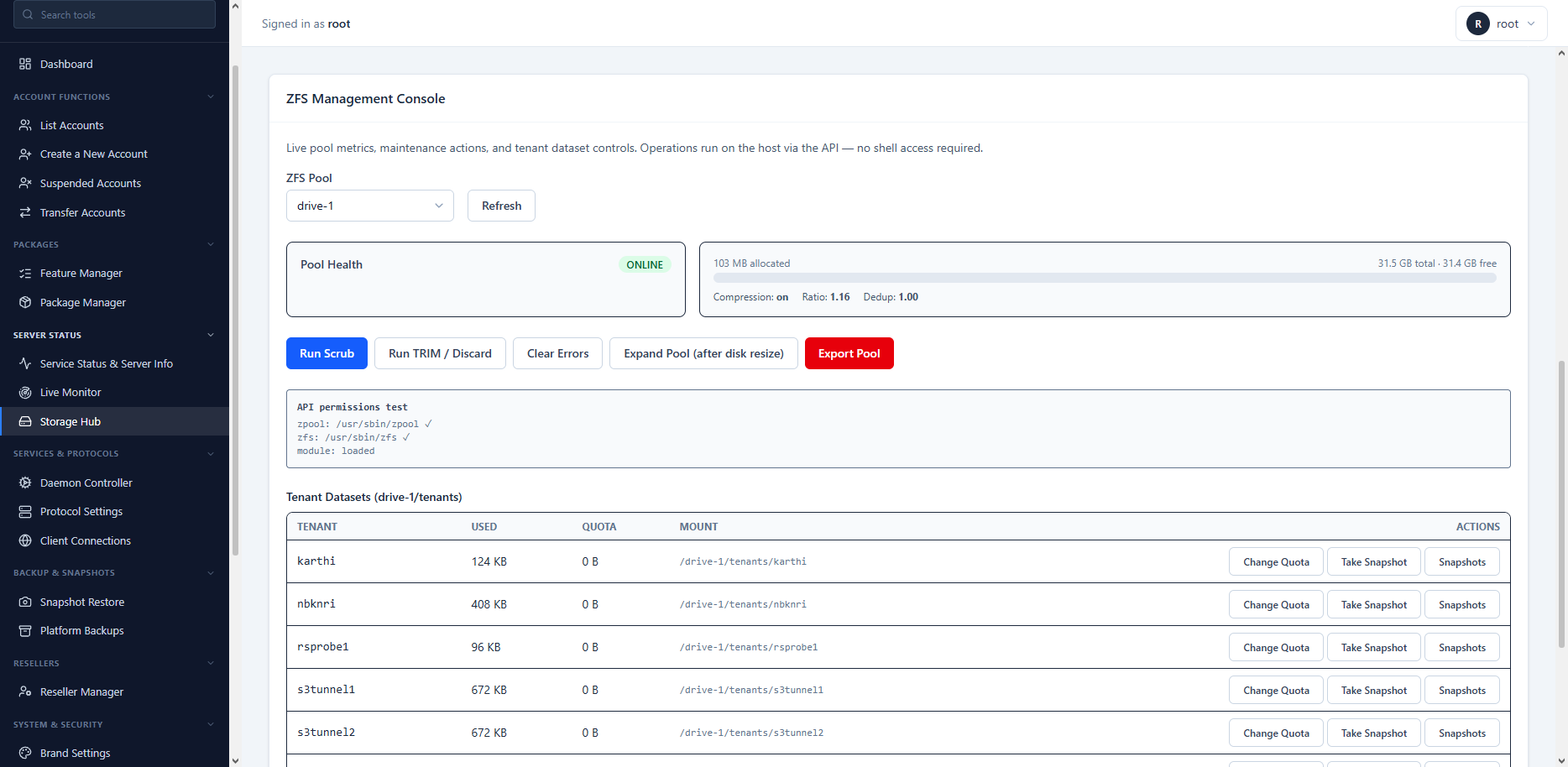 ZFS Storage Hub pool management