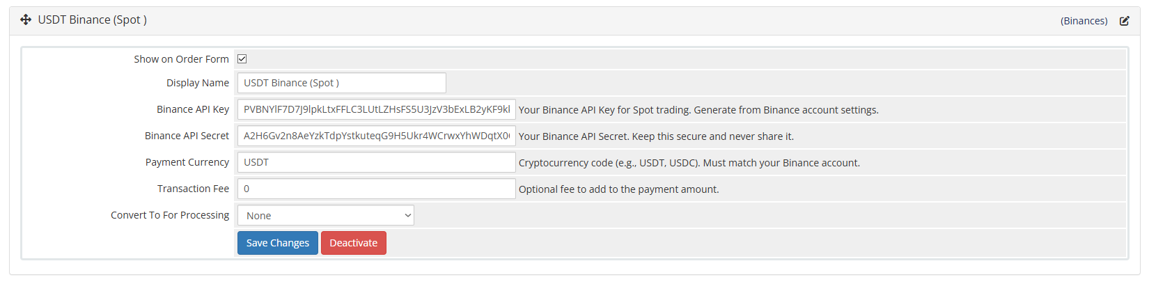WHMCS Binance Payment Gateway Settings Screenshot