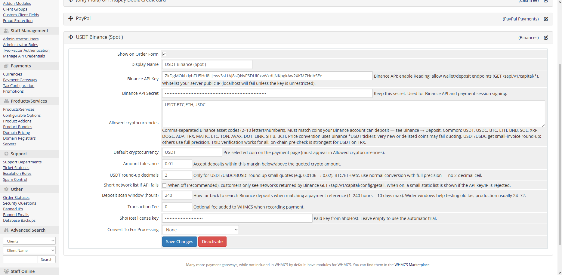 Binance gateway WHMCS configuration