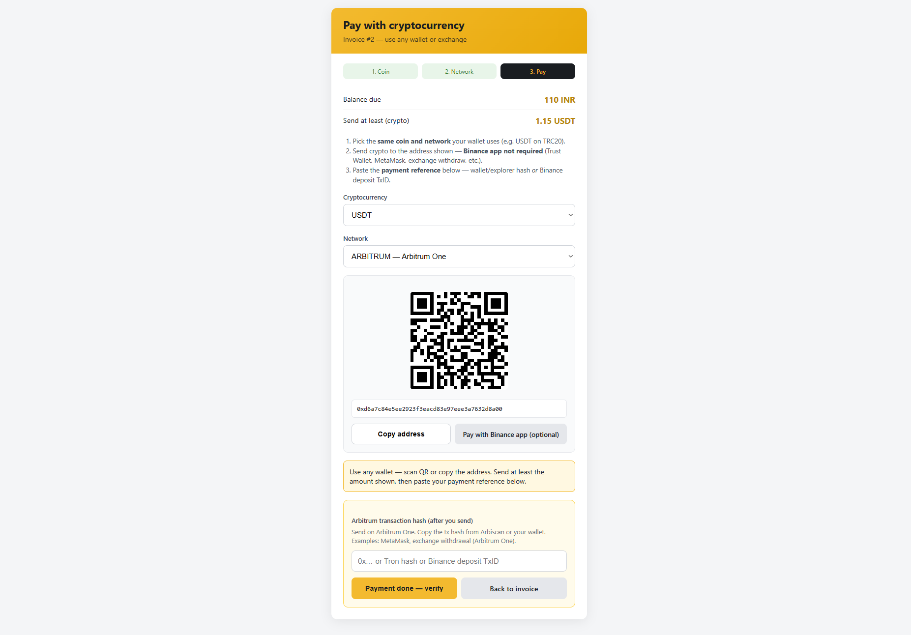 Crypto payment screen with QR