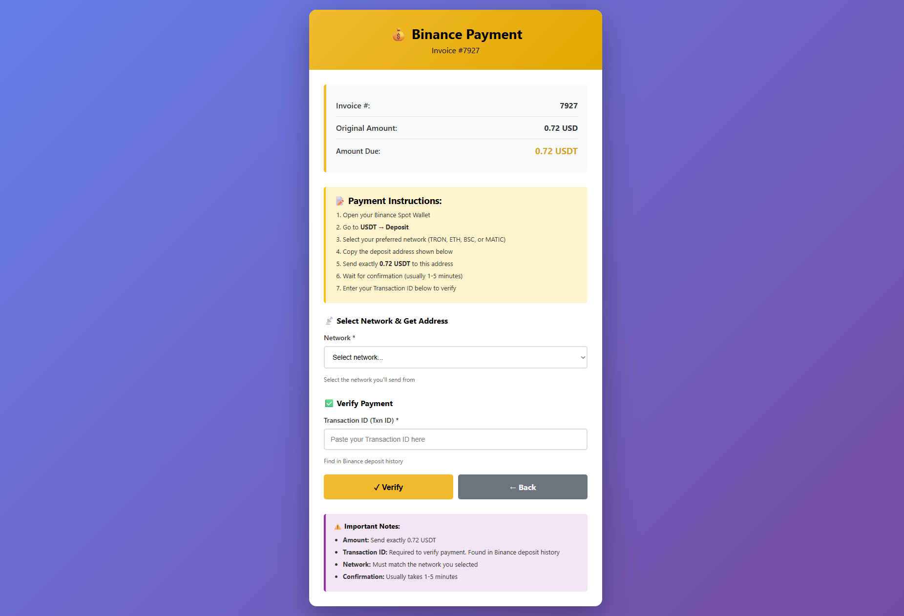 WHMCS Binance Payment Gateway Payment Page Screenshot