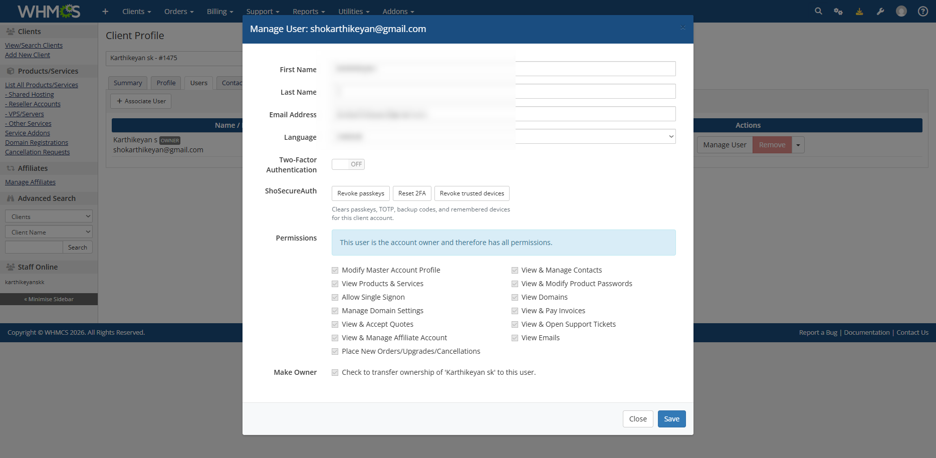 Admin ShoSecureAuth controls on a client user account