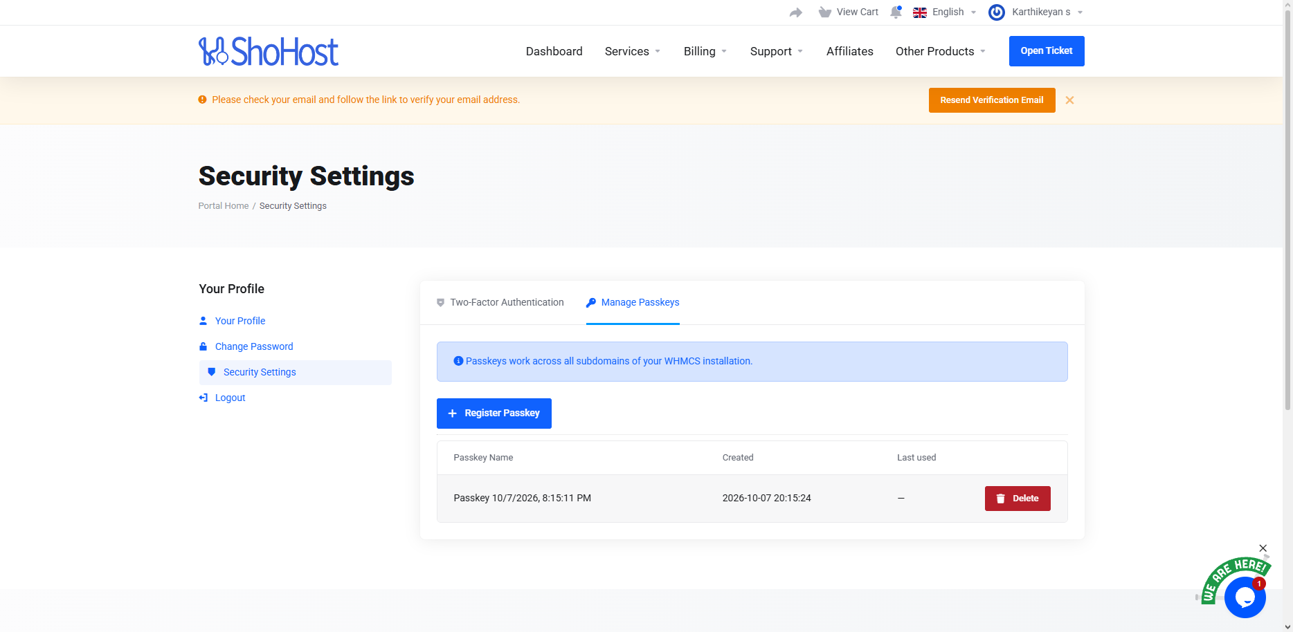 WHMCS client area passkey management