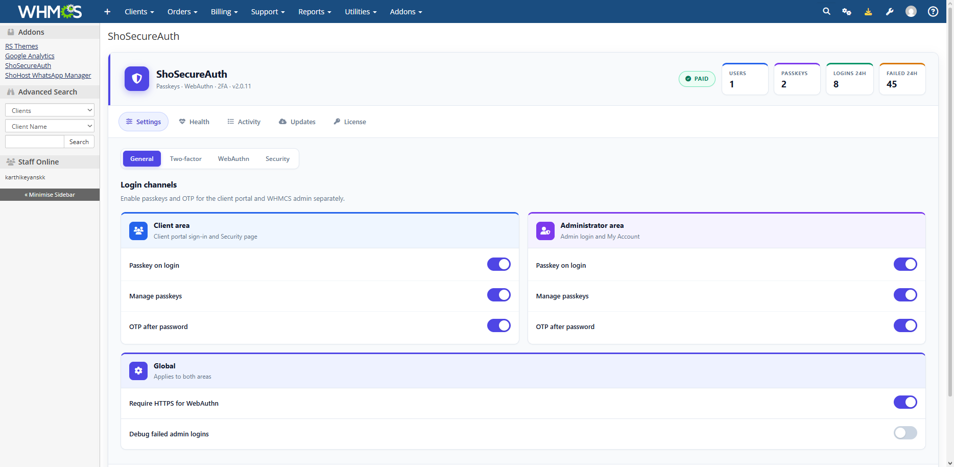 ShoSecureAuth admin overview and login channel settings