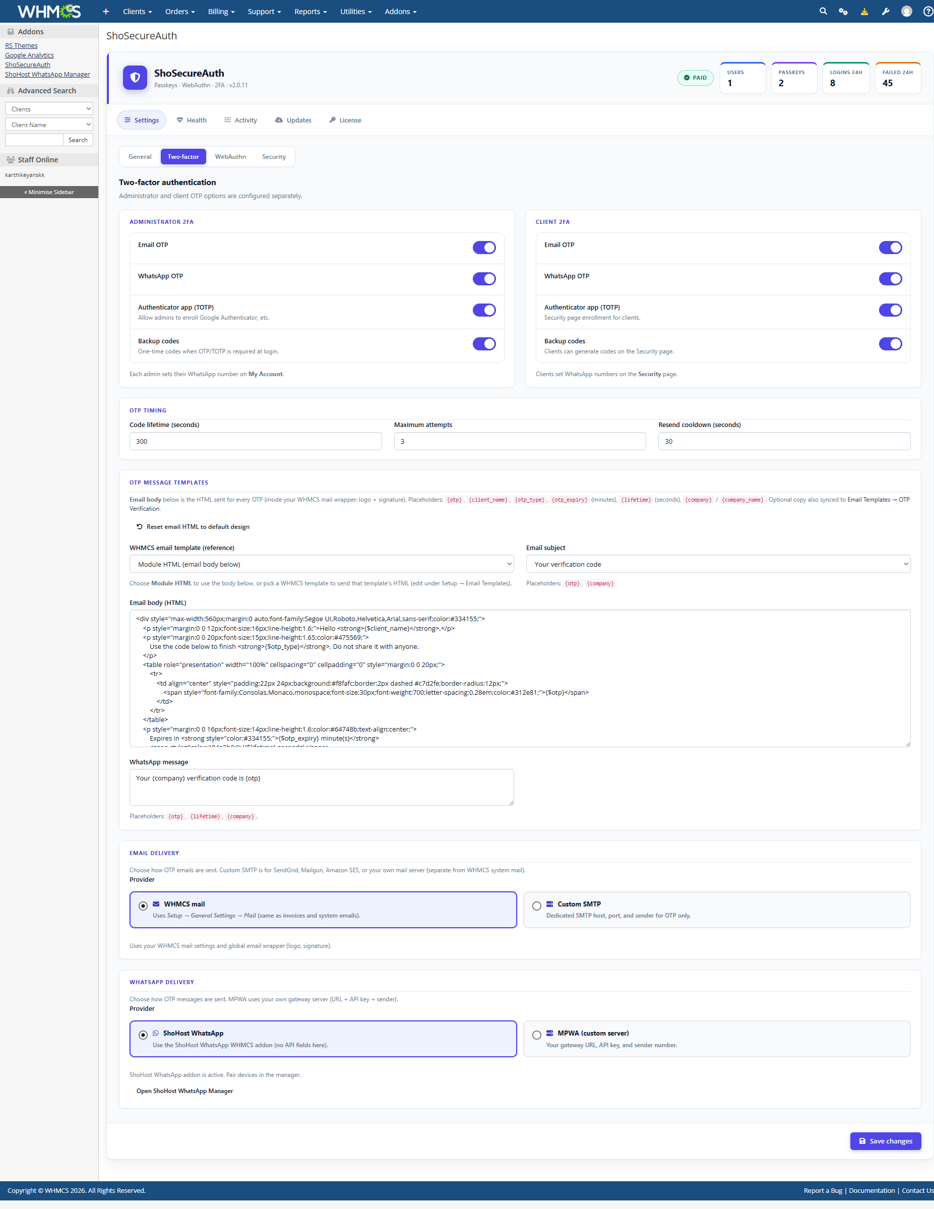 ShoSecureAuth two-factor and OTP delivery settings