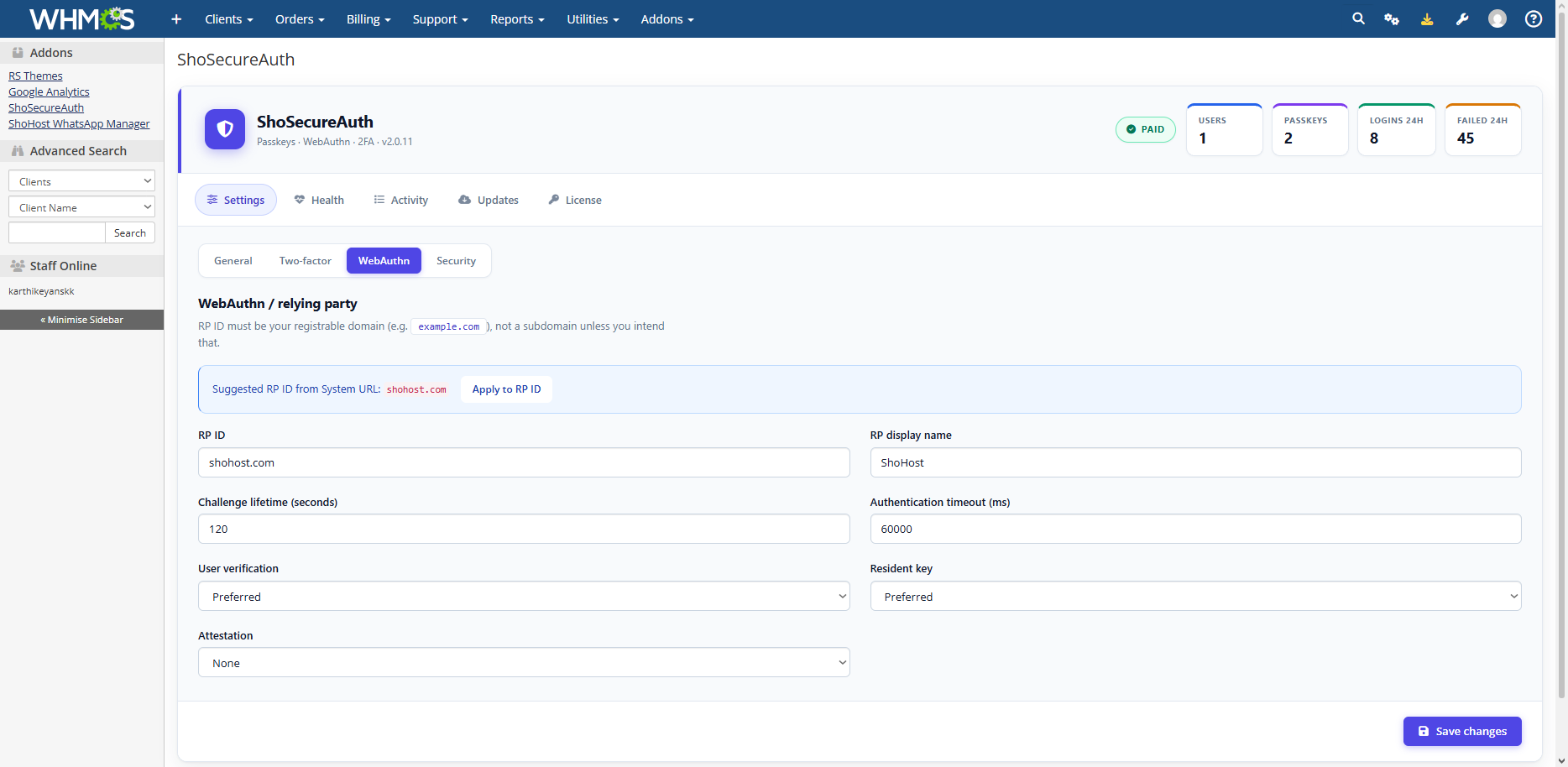 ShoSecureAuth WebAuthn relying party settings