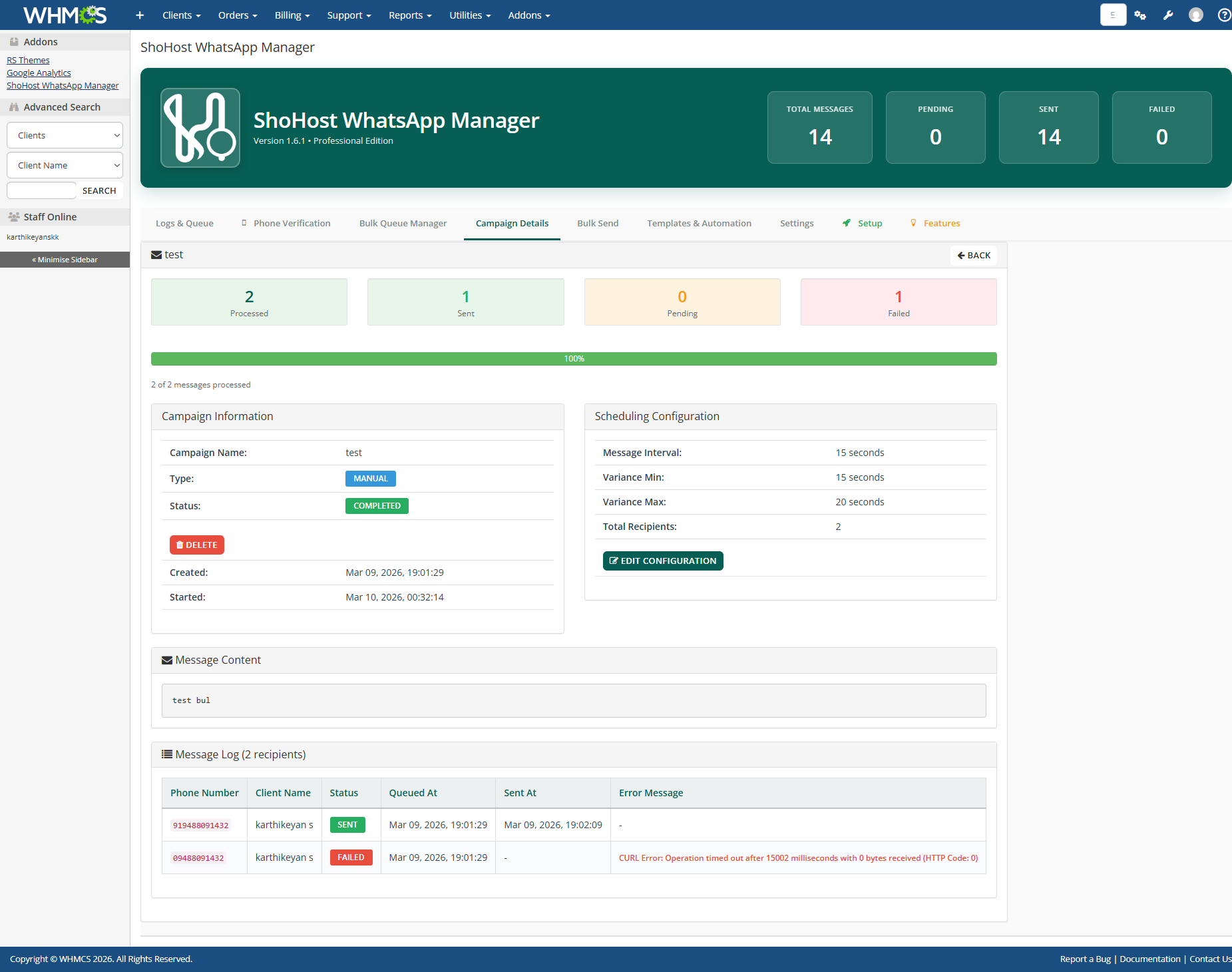 WHMCS WhatsApp Module Campaign Details Screenshot