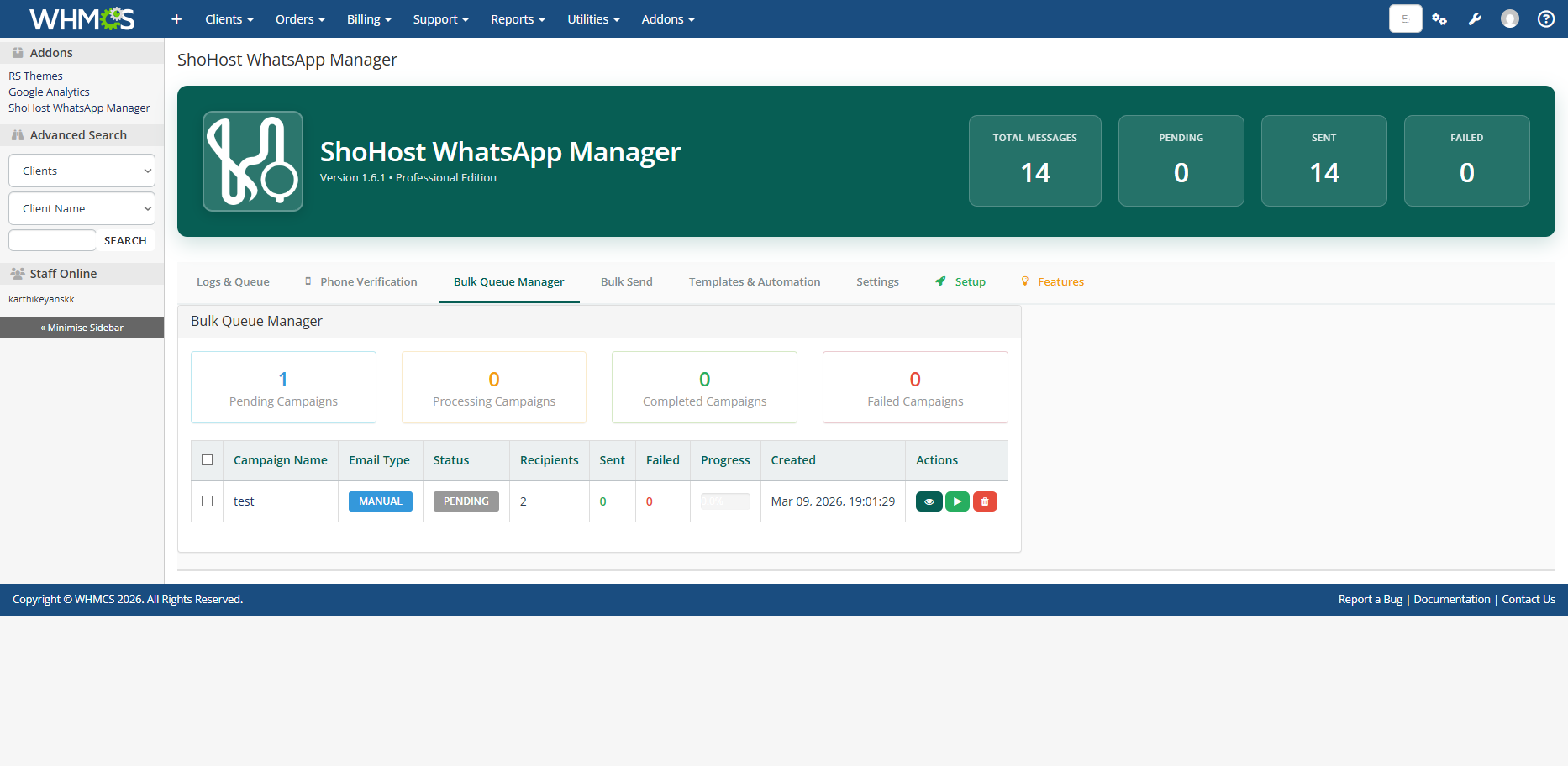 WHMCS WhatsApp Module Bulk Queue Screenshot
