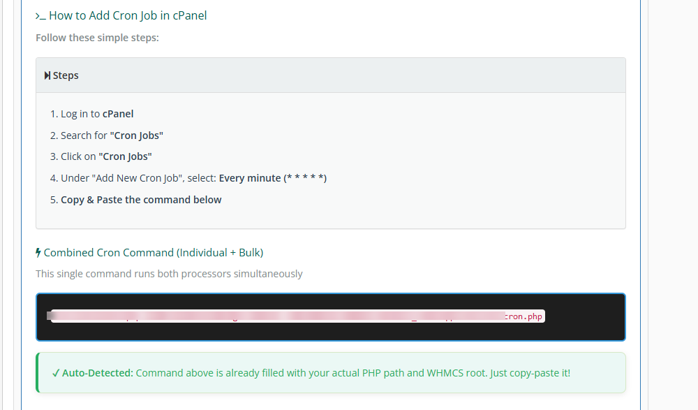 WHMCS WhatsApp Module Cronjob Setup Screenshot
