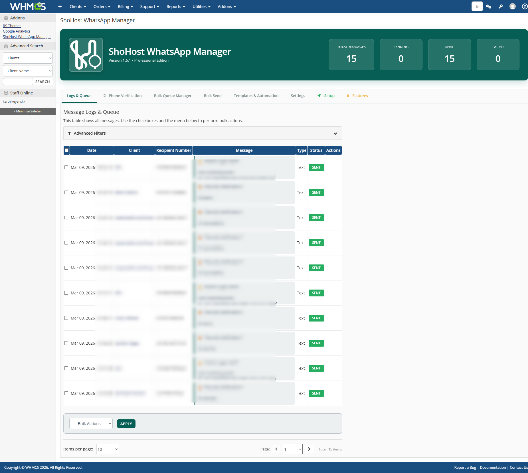 WHMCS WhatsApp Module Dashboard Screenshot