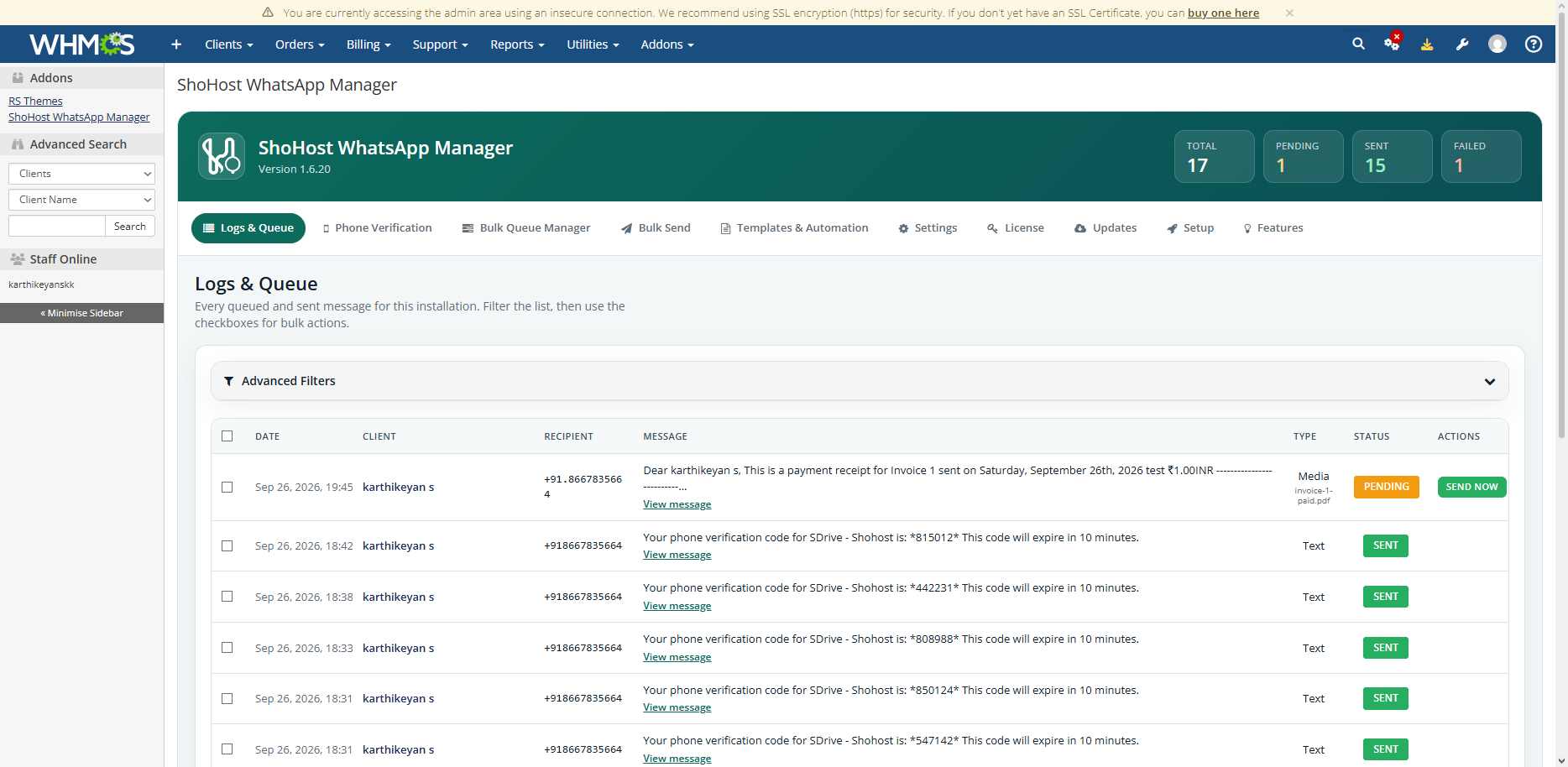 WHMCS WhatsApp message logs and delivery status
