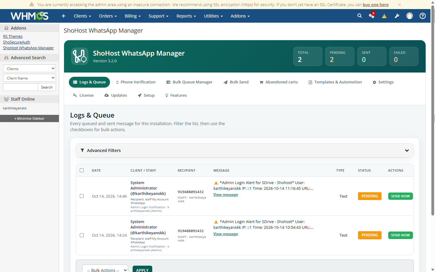 Message logs and queue with filters and delivery actions