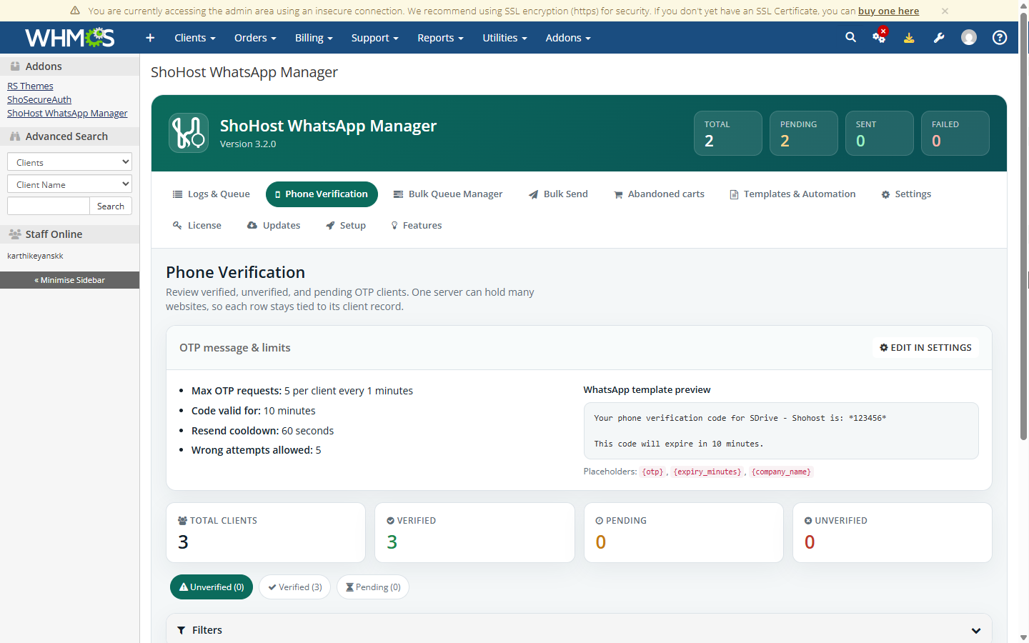 Phone verification dashboard with OTP limits and template preview