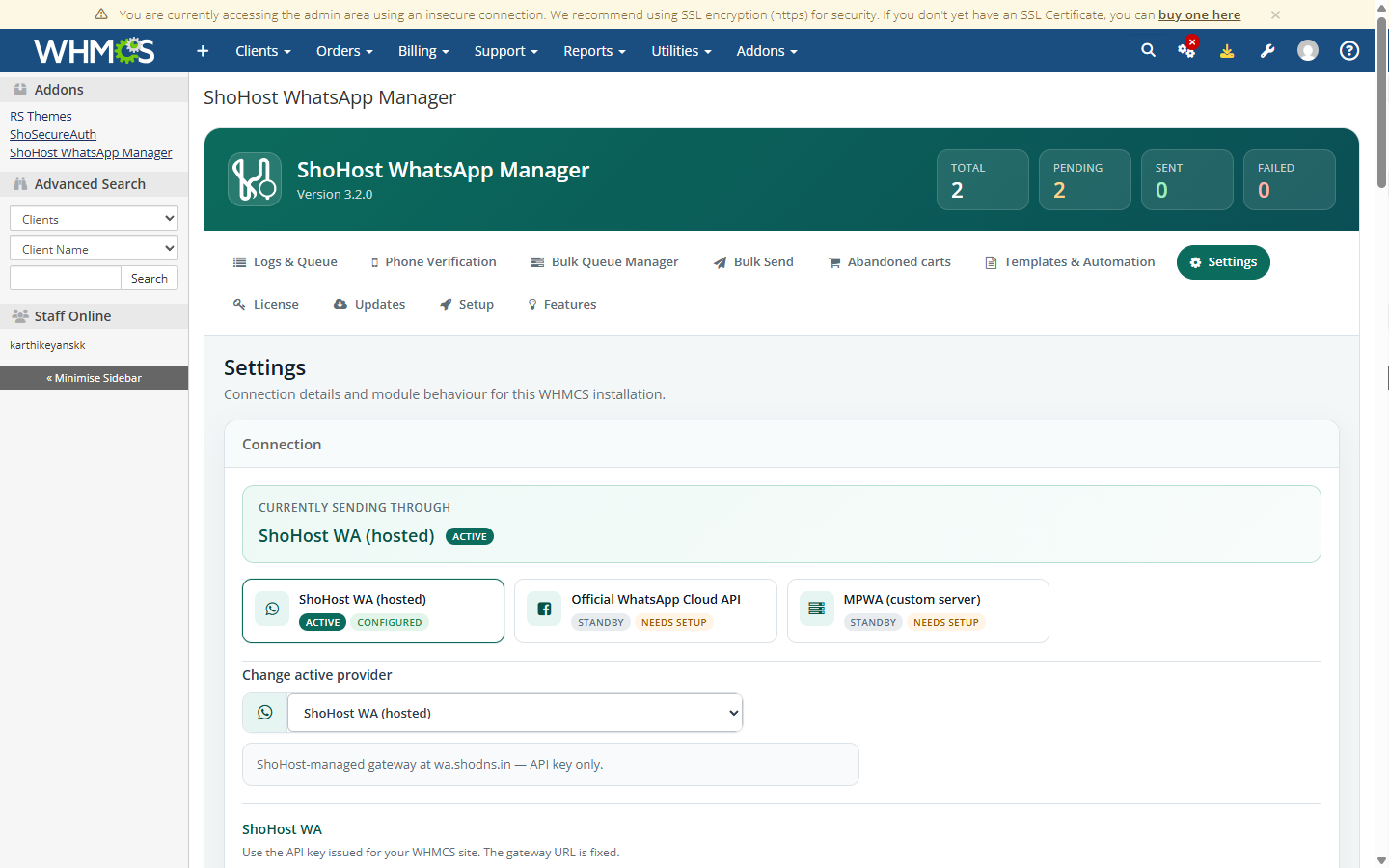 Three WhatsApp API providers: ShoHost WA, Meta Cloud, and MPWA