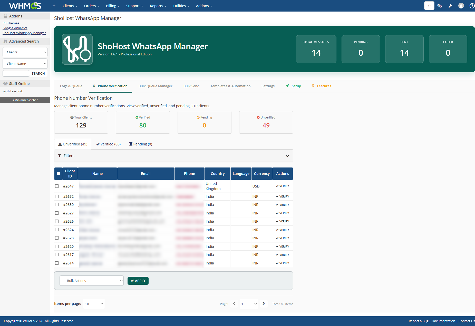 WHMCS WhatsApp Module Phone Verification Screenshot