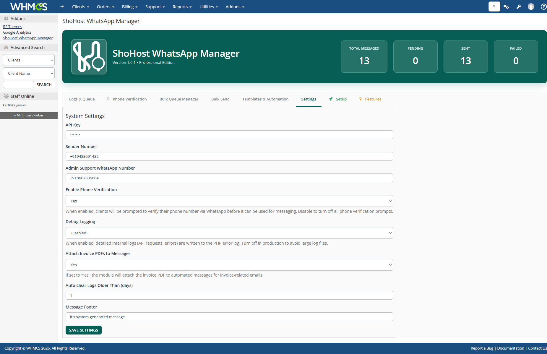 WHMCS WhatsApp Module Settings Screenshot