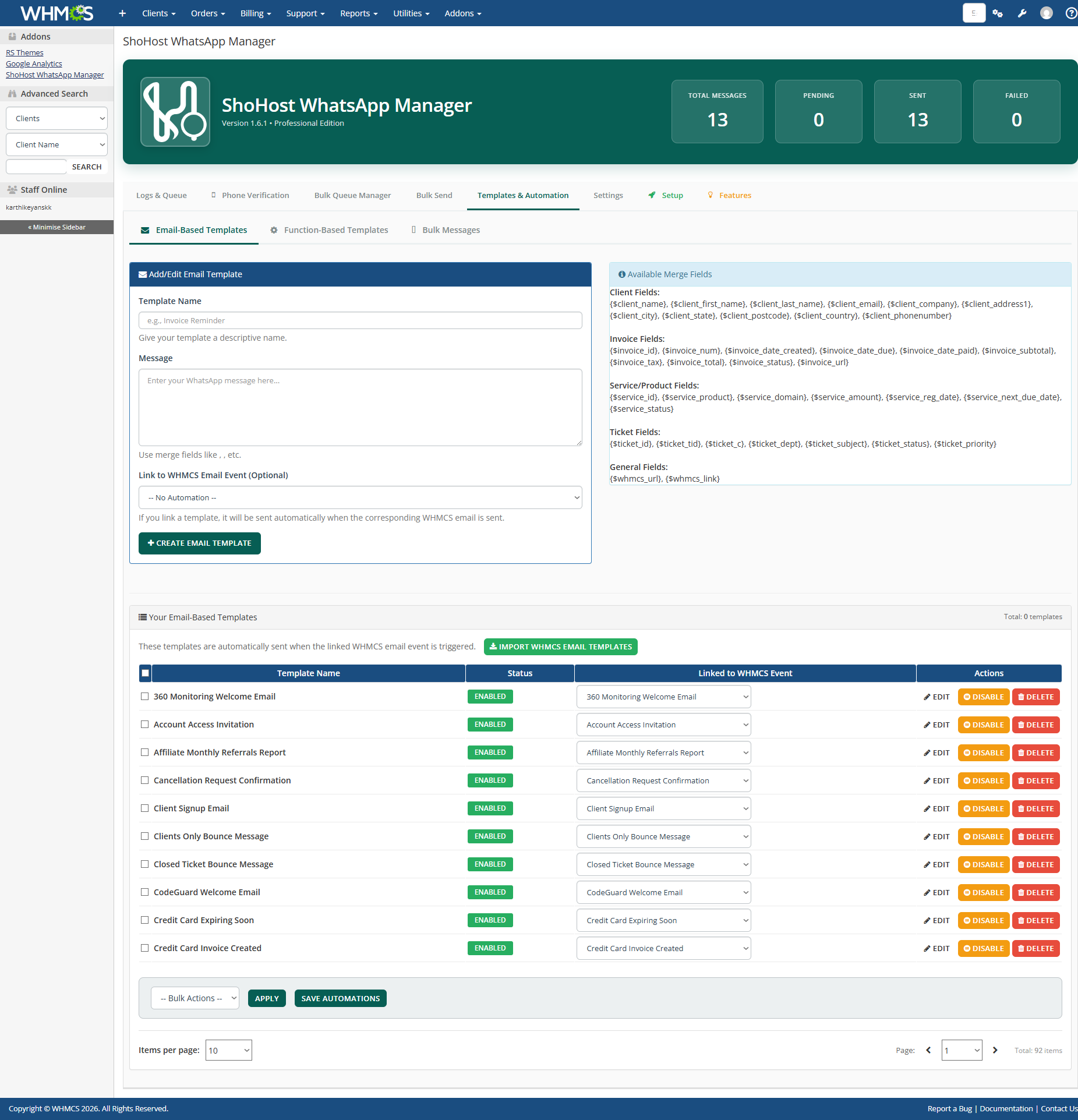 WHMCS WhatsApp Module Templates Screenshot